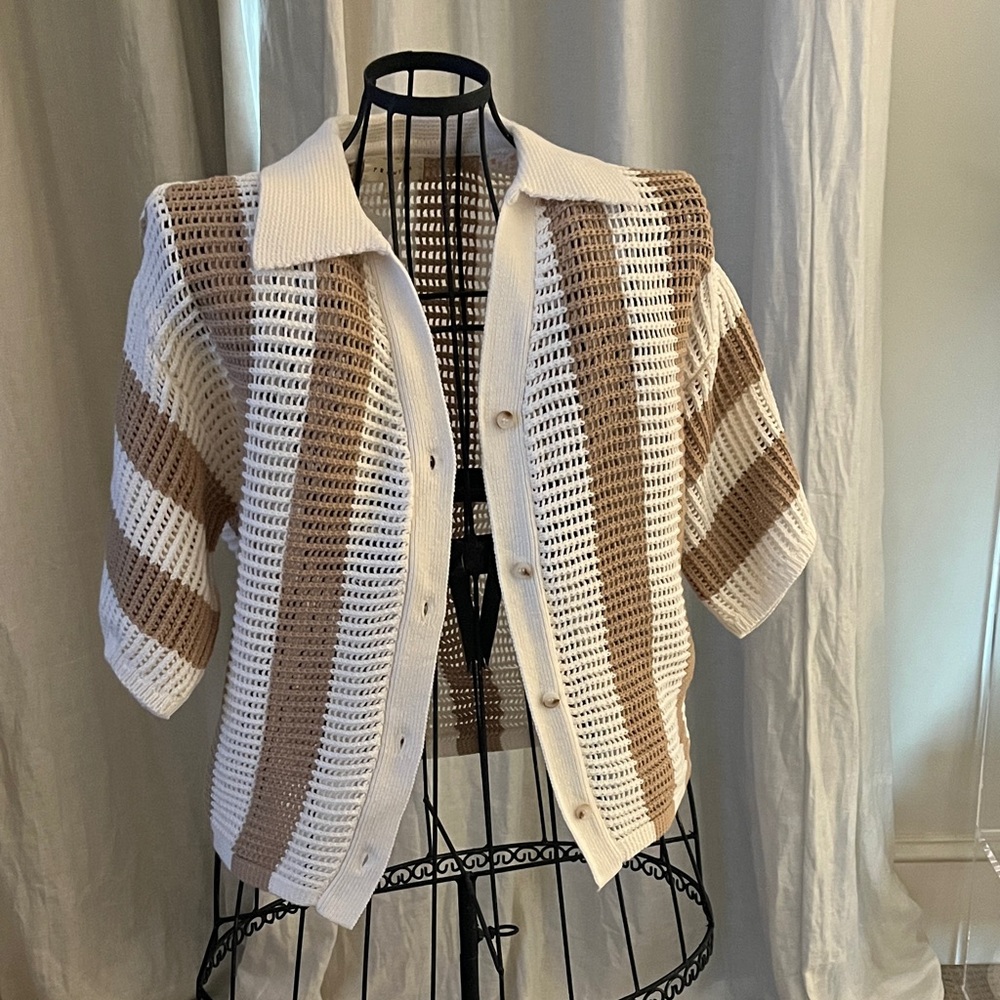 Promesa White and Tan Striped Cardigan